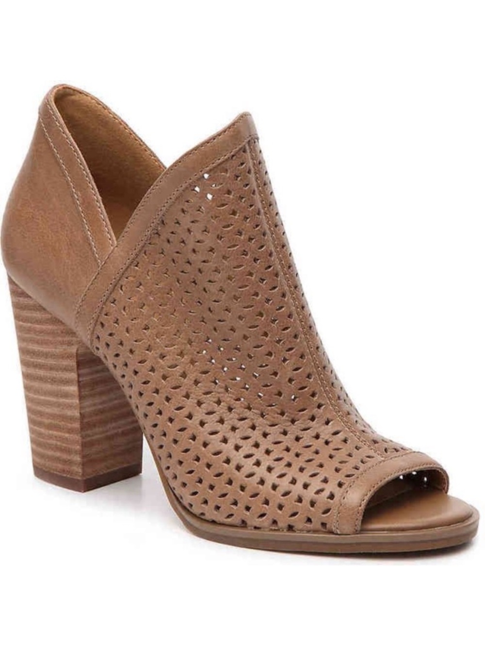 Lucky Brand Livey Cutout Peep Toe Tan Leather Block Heel Bootie Womens 11